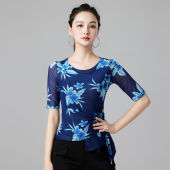 千易色印花拉丁舞上衣女成人广场舞衣国标摩登舞蹈中长袖 练功演出