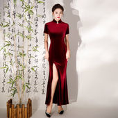 舞 修身 语禾恬走秀旗袍加长款 演出服金丝绒2023舞台黑色复古七分袖