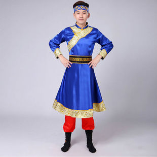 新款男士蒙古族舞蹈演出服装少数民族服装男士蒙古袍表演服饰蓝色