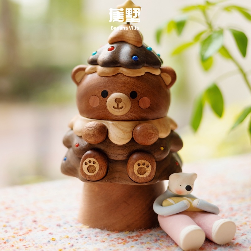 蕉墅小熊圣诞树八音盒创意实木可爱桌面装饰摆件圣诞节礼物音乐盒