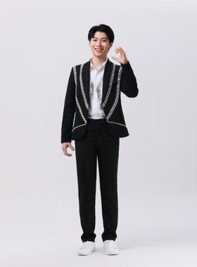 出租2024新款男生黑色西服套装韩系男团舞台服装歌手主持人演出服