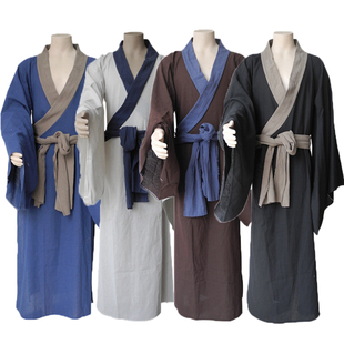 新黑色亚麻古装广袖汉服白色交领大袖衫演出服三国演义水浒传服装