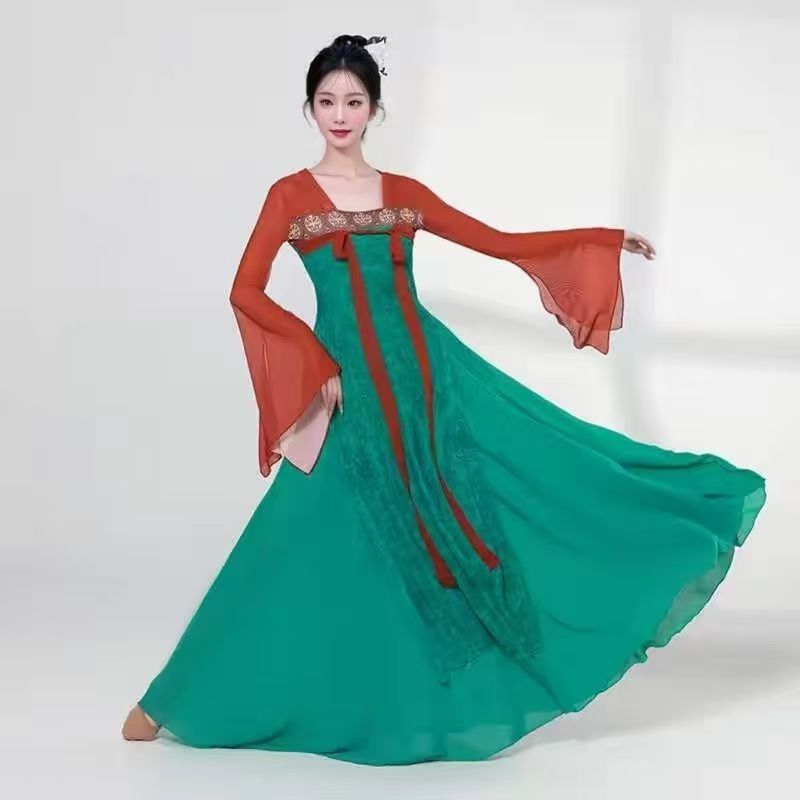 出租古典舞蹈服飘逸中国汉唐齐胸表演练功飘带身韵演出服长款纱衣