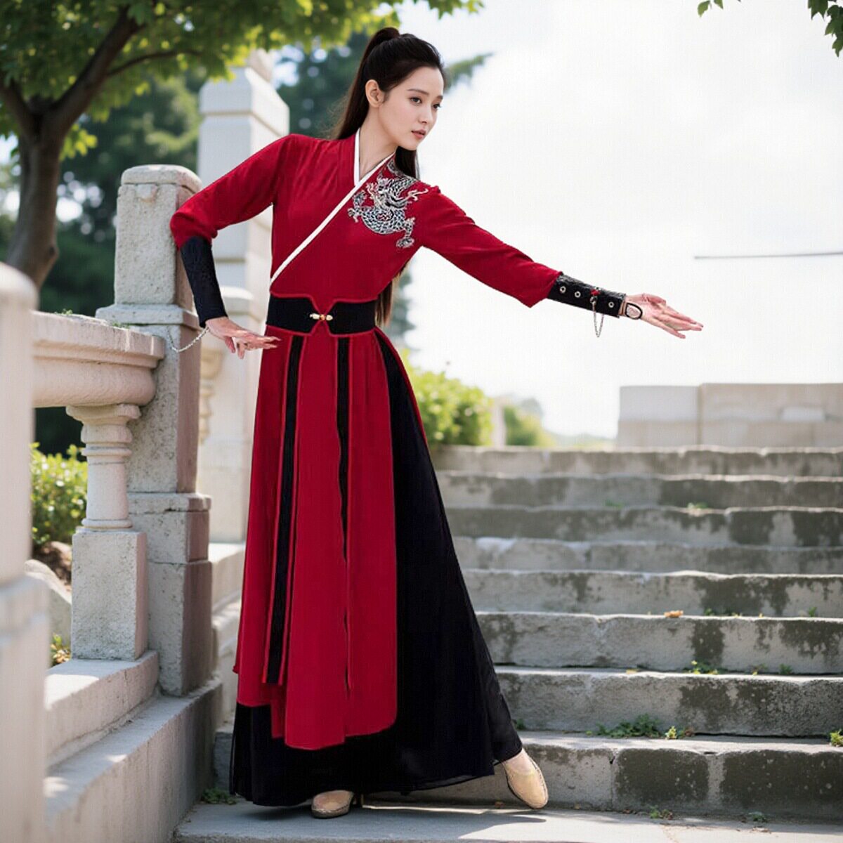 出租古典舞中国风女打鼓服功夫扇子古装侠客风表演服雪龙吟演出服