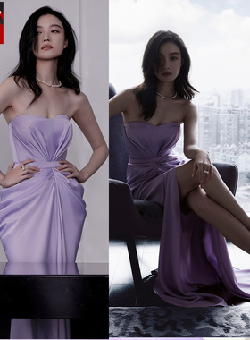 倪妮同款淡紫色束腰长裙褶皱开衩主持人裹胸晚礼服宴会连衣裙醋酸