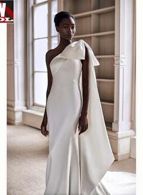 欧洲站2022夏季白色长礼服连衣裙新娘婚纱斜肩大蝴蝶结包臀鱼尾裙