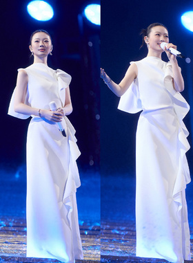 单依纯同款白色礼服裙荷叶边开衩不规则时尚套长裤女装无袖连衣裙