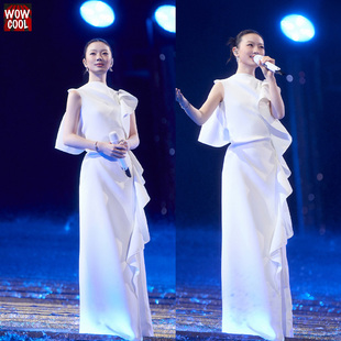 单依纯同款白色礼服裙荷叶边开衩不规则时尚套长裤女装无袖连衣裙