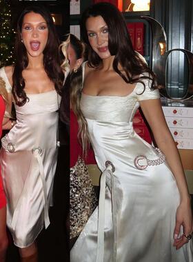 Bella Hadid同款白色礼服裙连衣裙醋酸缎面2025新款方领时尚个性