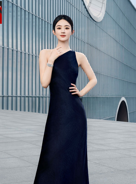 赵丽颖同款优雅礼服裙单肩深蓝色斜肩连衣裙高端醋酸丝质光滑2024