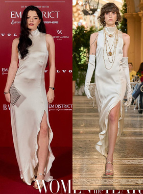 Becky同款开衩礼服裙白色醋酸缎面连衣裙2026新款主持人晚宴年会