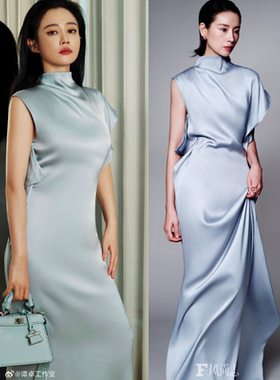 唐嫣董洁同款气质长礼服裙高端丝质缎面灰色连衣裙2024夏新款女装