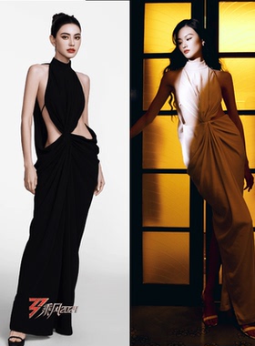 泰国明星mai同款超模贺聪刘恋同款黑白色性感露腰礼服裙高端醋酸
