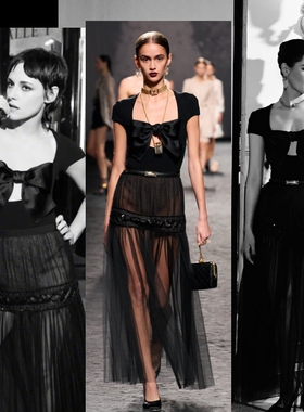 辛芷蕾同款黑色连衣裙大蝴蝶结方领黑色连衣裙2023高端醋酸丝质