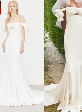 Rose朴彩英同款白色婚纱礼服裙拖地连衣裙露肩抹胸鱼尾2023新娘女