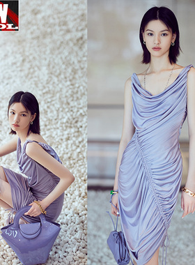 邱天同款抽褶皱抽绳无袖双面醋酸高端小礼服裙连衣裙紫色2021新款