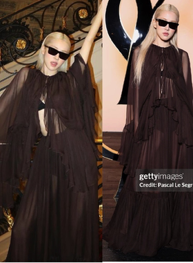 rose朴彩英同款黑色薄纱透视连衣裙长款荷叶边高级性感大摆飘逸夏