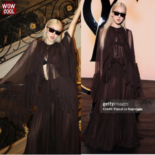 rose朴彩英同款黑色薄纱透视连衣裙长款荷叶边高级性感大摆飘逸夏