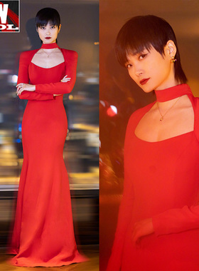 李宇春同款红色长袖晚礼服连衣裙新娘敬酒主持人鱼尾2022春季新款