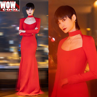 李宇春同款红色长袖晚礼服连衣裙新娘敬酒主持人鱼尾2022春季新款