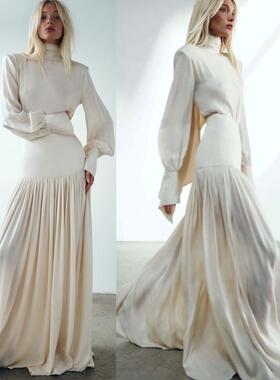 超模Elsa Hosk同款围巾领长袖衬衫百褶大摆长裙2025春季新款女装