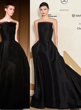 贺聪同款vogue黑色抹胸赫本蓬蓬裙优雅裹胸晚礼服连衣裙一字领