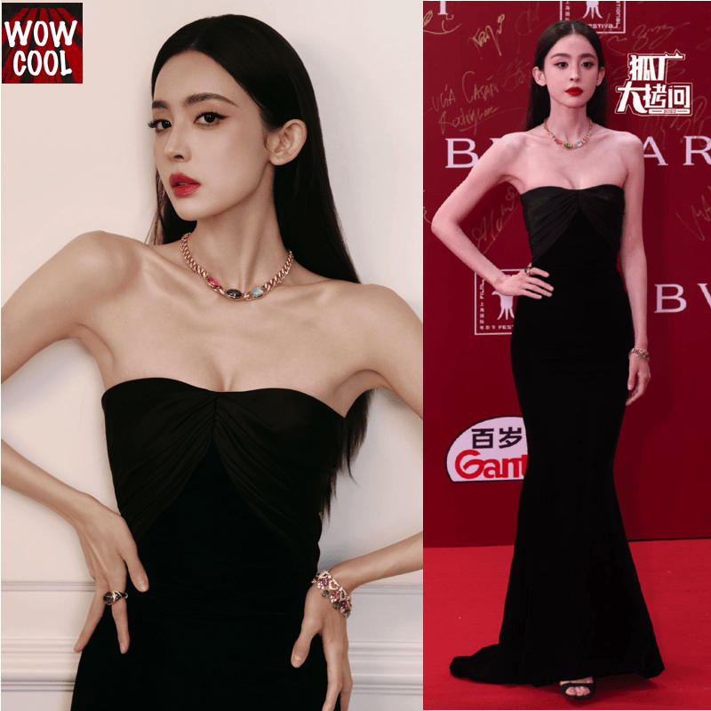 古丽娜扎同款红毯礼服黑色抹胸晚礼服连衣裙真丝绒鱼尾2024缎面女