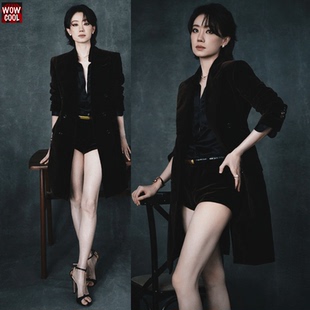 张小斐同款深咖色西装外套女中长款气质高级西服短裤黑色衬衫醋酸