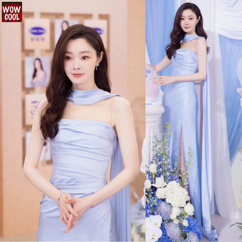 宋轶同款蓝色绸缎面晚礼服裙2025新款高级感轻奢小众抹胸连衣裙女