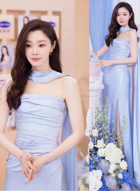 宋轶同款蓝色绸缎面晚礼服裙2025新款高级感轻奢小众抹胸连衣裙女