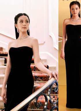 金智秀同款黑色抹胸连衣裙新款真丝绒修身显瘦气质名媛礼服包臀长