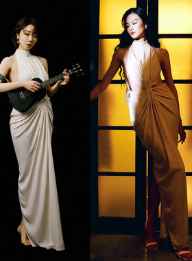 刘恋同款白色礼服裙贺聪露腰连衣裙挂脖抽褶皱希腊女神范儿红毯裙