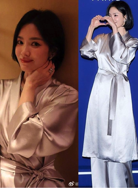 宋慧乔同款时尚套装丝质醋酸缎面系带长袖长裤礼服袍2025春季新款