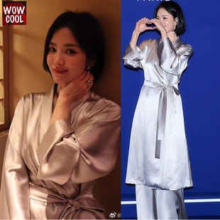 宋慧乔同款时尚套装丝质醋酸缎面系带长袖长裤礼服袍2025春季新款