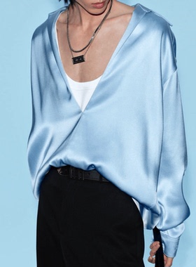 白敬亭同款欧洲2024法式缎面醋酸衬衫上衣高级感宽松V领长袖衬衣