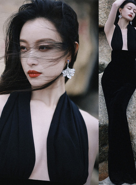 倪妮周雨彤黑同款黑色挂脖长裙红毯礼服裙纱裙性感深v露背连衣裙