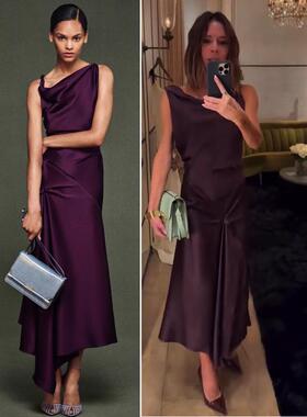 2025新款女装高档醋酸丝质缎面连衣裙晚宴礼服裙维多利亚贝克汉姆