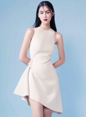 欧洲站2022秋夏装新款收腰显瘦钉珠小礼服连衣裙女不规则宴会派对