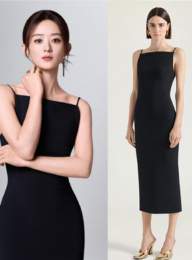 赵丽颖同款黑色吊带晚礼服连衣裙一字领露肩修身收腰包臀商务宴会