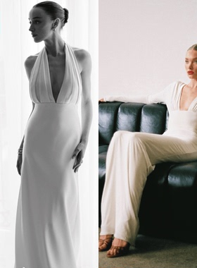 Helsa同款24SS深V胸挂脖礼服裙白色高端缎面醋酸连衣裙定制晚礼服