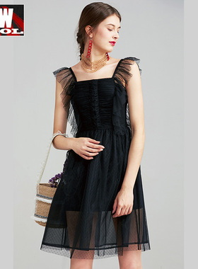 欧洲站2022新款时尚露背a字小黑裙透视薄网纱连衣裙女夏装欧货潮