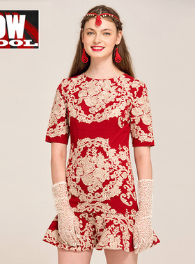 欧洲站秋装女2021新款时尚气质刺绣名媛新娘回门红礼服连衣裙鱼尾