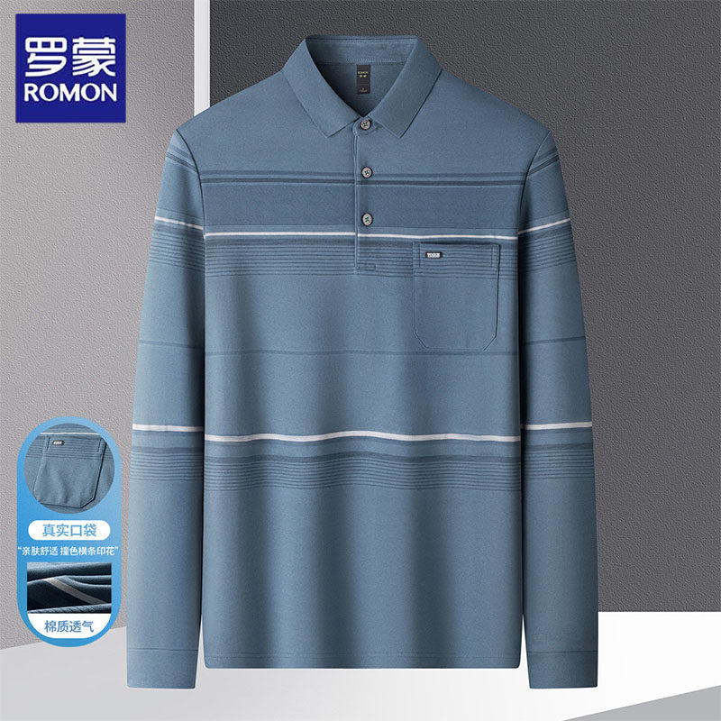 罗蒙中年爸爸秋装长袖T恤翻领带口袋2024新款男士polo衫秋季上衣