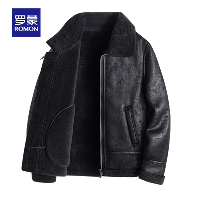 罗蒙秋冬季新款皮毛一体外套男宽松加绒加厚羊羔绒毛领棉衣服男款