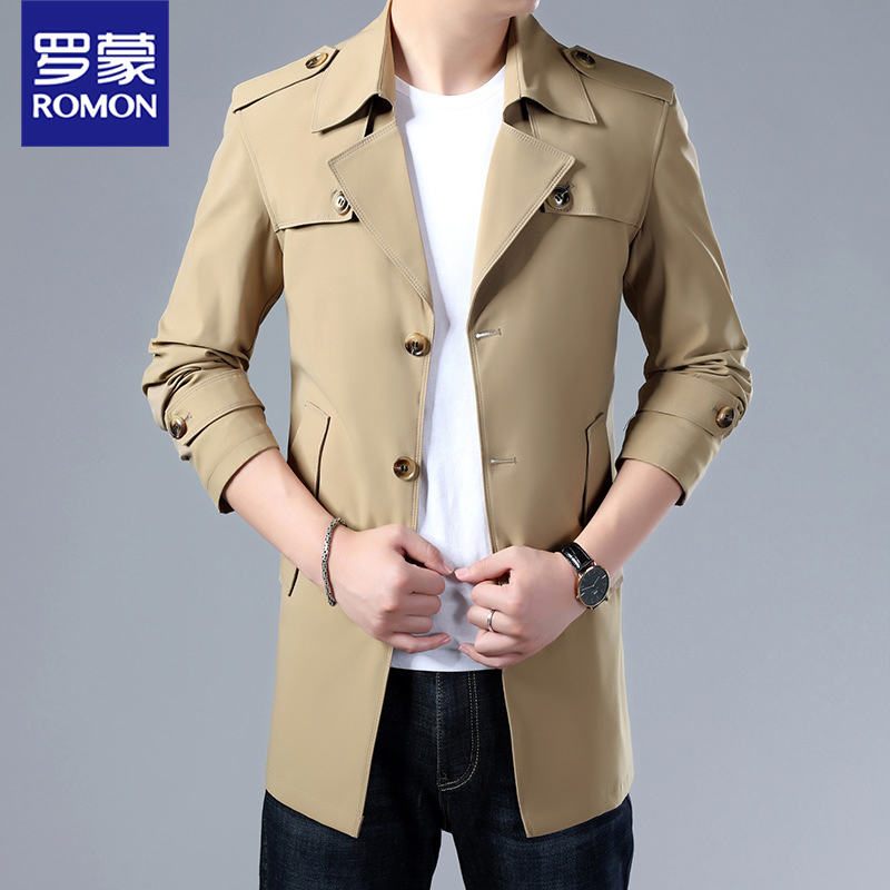 罗蒙卡其色中长款风衣男春秋款英伦风商务休闲薄款秋季男士外套