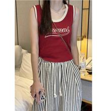 韩版撞色字母针织吊带红色背心女夏季外穿露背设计感小众无袖上衣