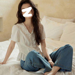 法式亚麻上衣女设计感小众条纹v领短袖衬衫女夏2026新款收腰衬衣