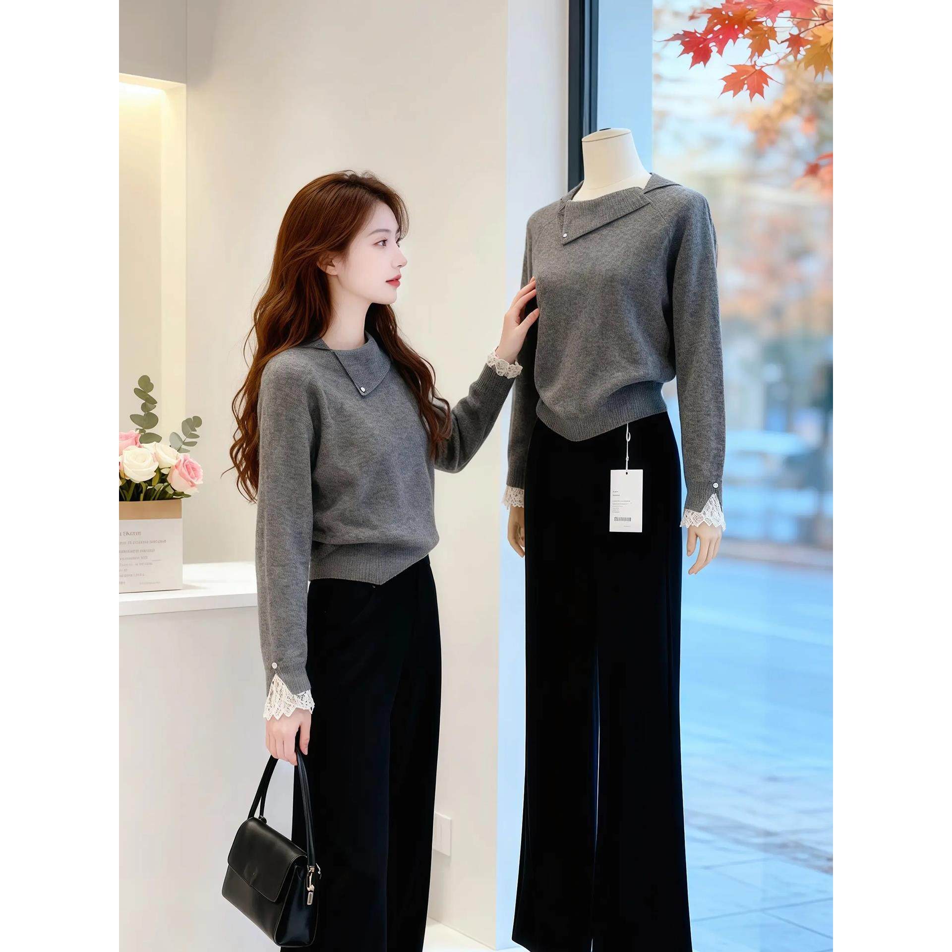 灰色翻领设计感毛衣2025冬季百搭气质针织衫羊绒长袖蕾丝拼接上衣,女装/女士精品,毛针织衫,淘宝优惠券,粉丝福利购,淘宝优惠卷
