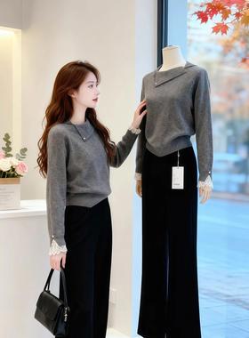 灰色翻领设计感毛衣2025冬季百搭气质针织衫羊绒长袖蕾丝拼接上衣