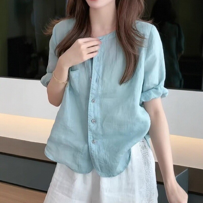 蓝色苎麻衬衫女夏新款法式